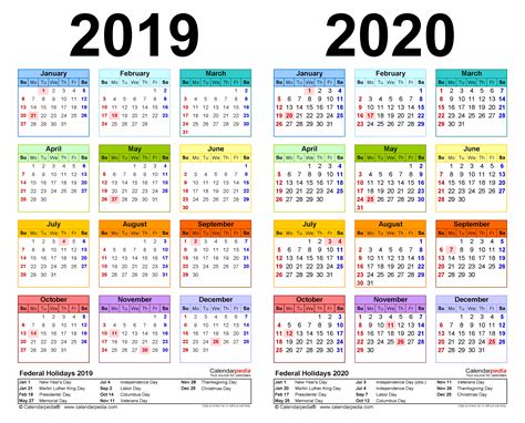 2019 And 2020 Yearly Calendar Printable